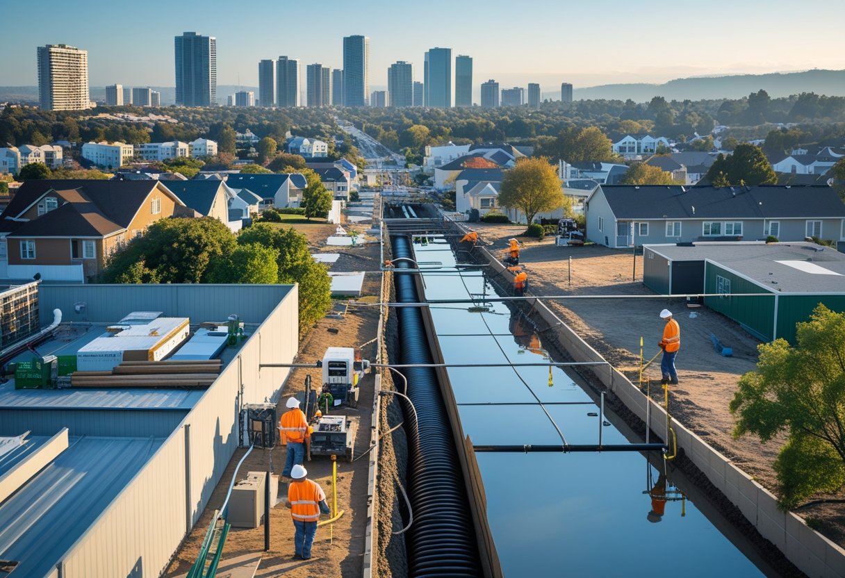 How Location Affects Sewer Line Repair Pricing And Regional Cost Differences 2 Cityscape showing workers repairing sewer lines underground in different residential and commercial areas.