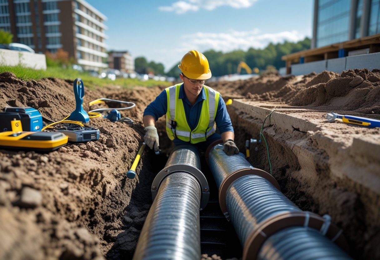 How Location Affects Sewer Line Repair Pricing And Regional Cost Differences 3 Worker inspecting exposed sewer pipes at a construction site with urban and rural backgrounds visible.